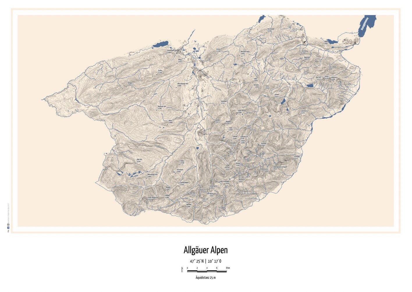 Allgäuer Alpen Höhenlinienkarte Druck 30 x 40 cm oder 50 x 70 cm