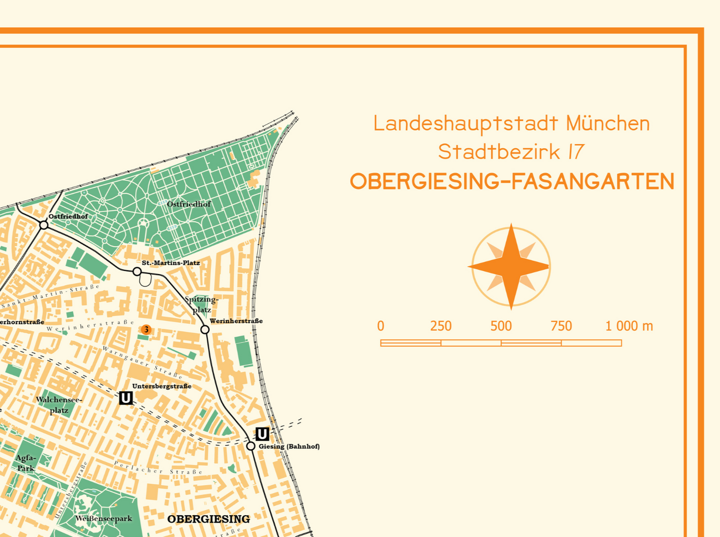 Detailaufnahme der Stadtkarte des Muenchner Stadtbezirks 17 Obergiesing-Fasangarten