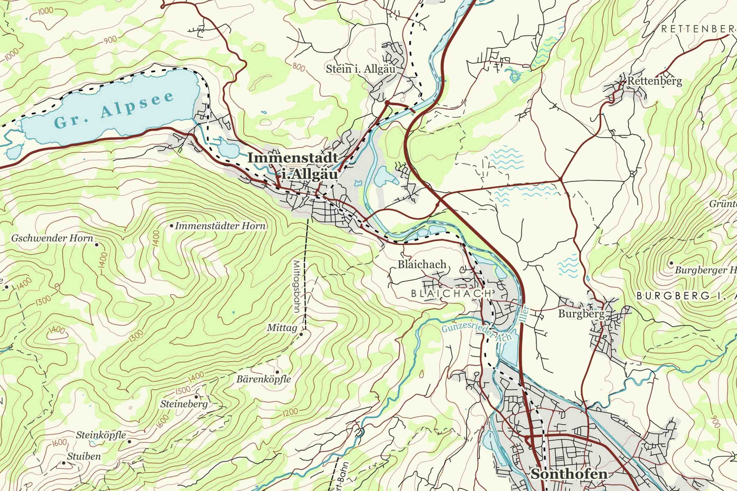 Immenstadt i. Allgäu, Sonthofen, Bad Hindelang - Vintage Topographische Landkarte Allgäuer Alpen