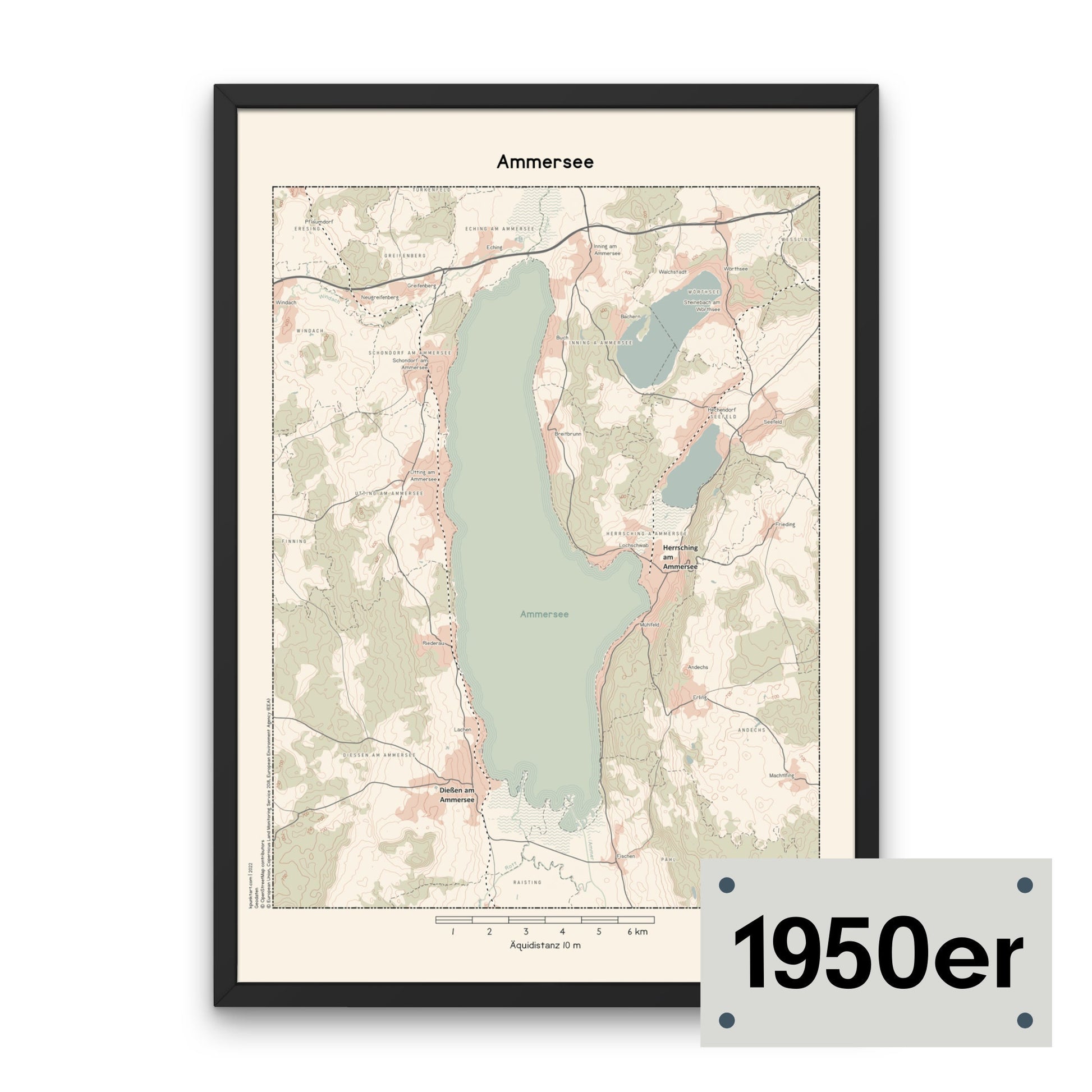 Topographische Karte vom Ammersee im Stil der 1950er