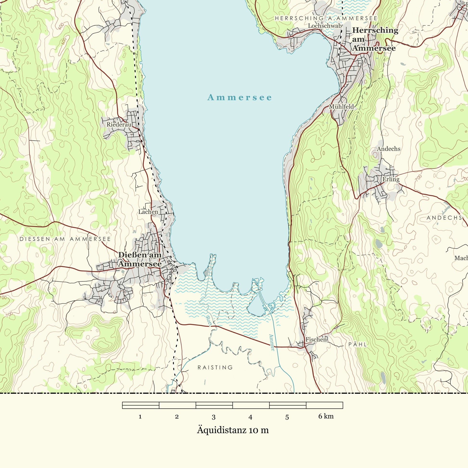 Detailaufnahme der Karte vom Ammersee im Stil der 80er