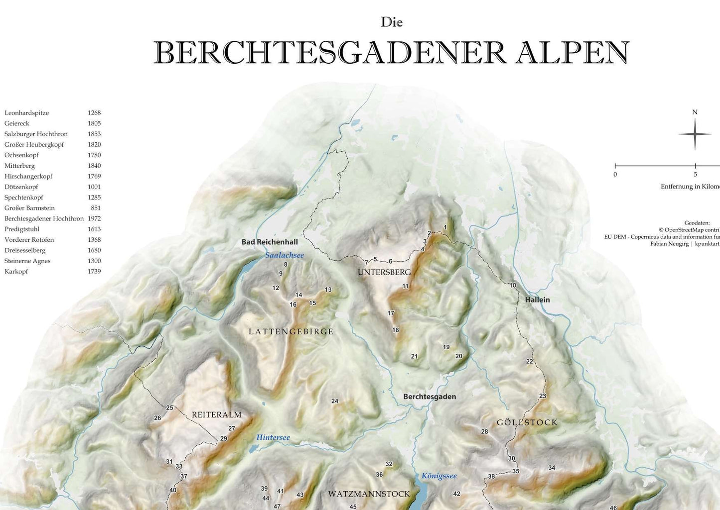 Berchtesgadener Alpen Relief Karte 50 x 40 cm